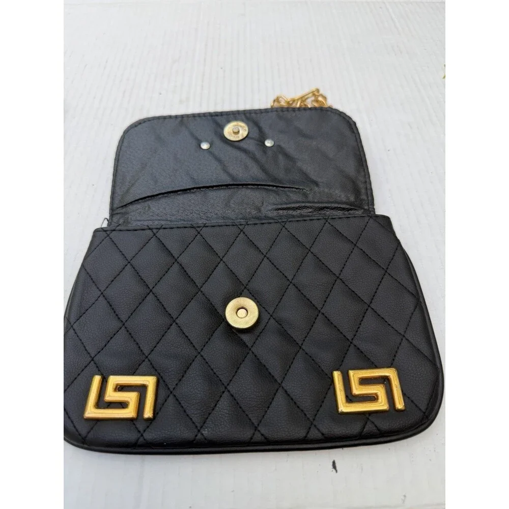 Black Quilted Chain Shoulder Bag Gold Sun Medallion Paris New York Tokyo Rome